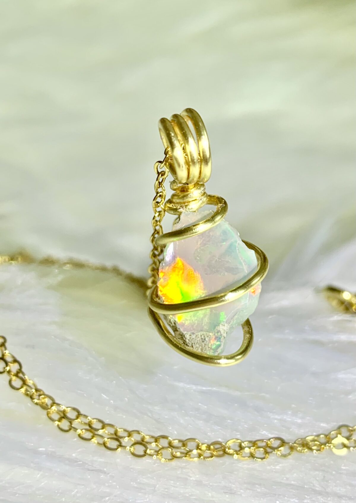 Orange Green Fire Rough Welo Opal Necklace