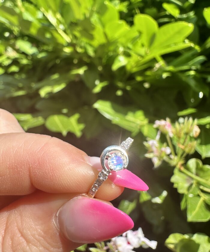 Crescent Moon Moonstone Ring With White Topaz (US SIZE 5)