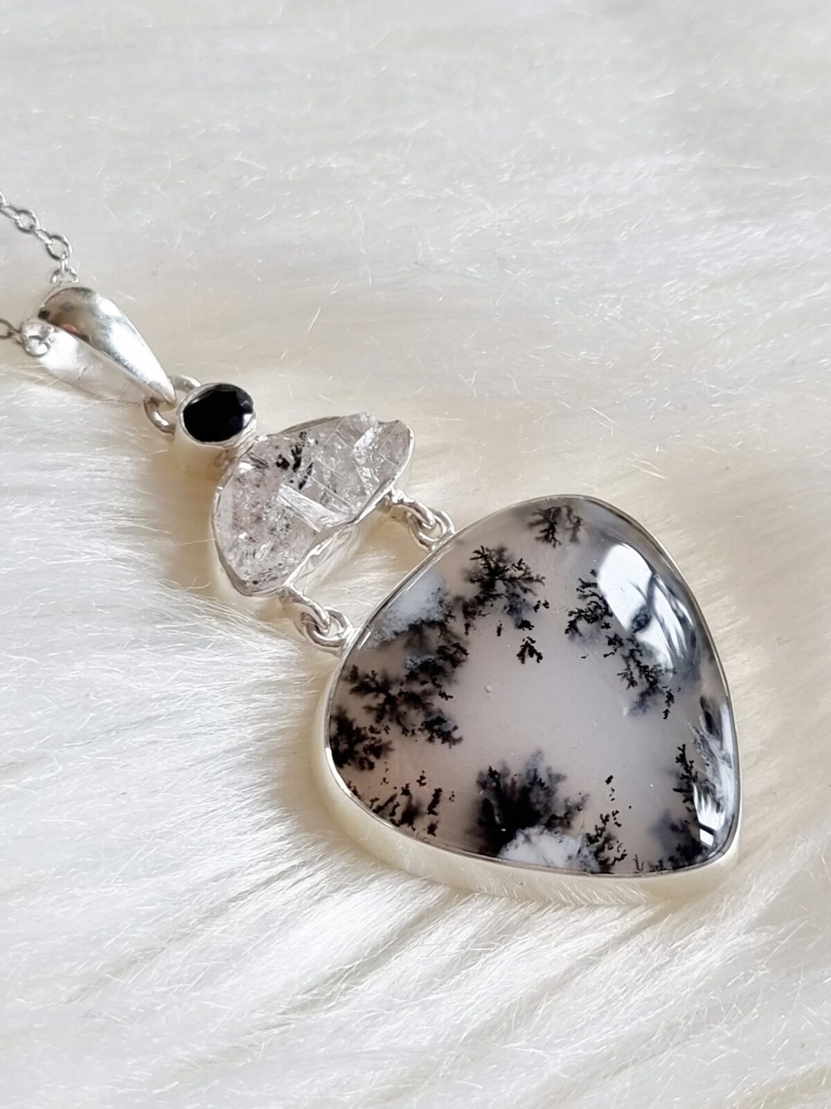 Dendritic Opal with Herkimer Diamond and Black Spinel Necklace - Image 2