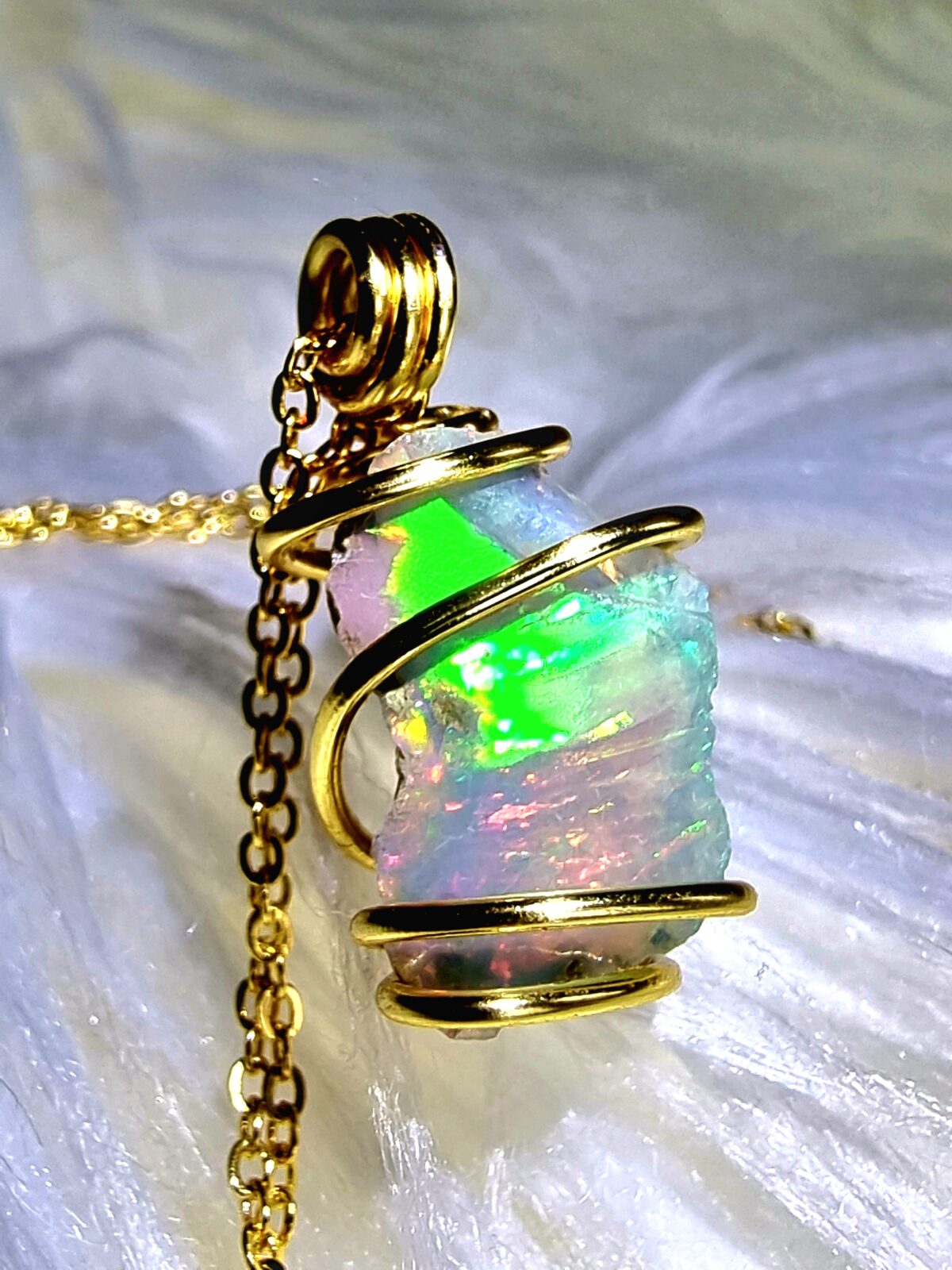 Intense Green Orange Welo Opal Necklace - Image 4