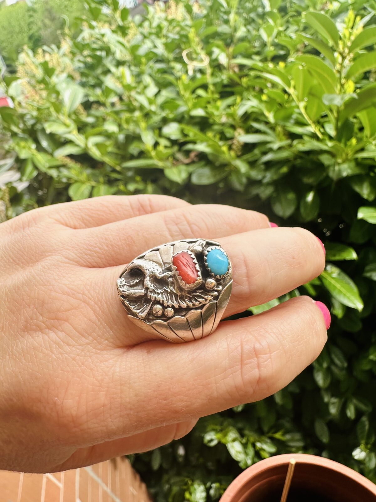 Vintage Turquoise & Coral Robert Becenti signed Navajo Ring, (US SIZE 8.5/ 58 EU)