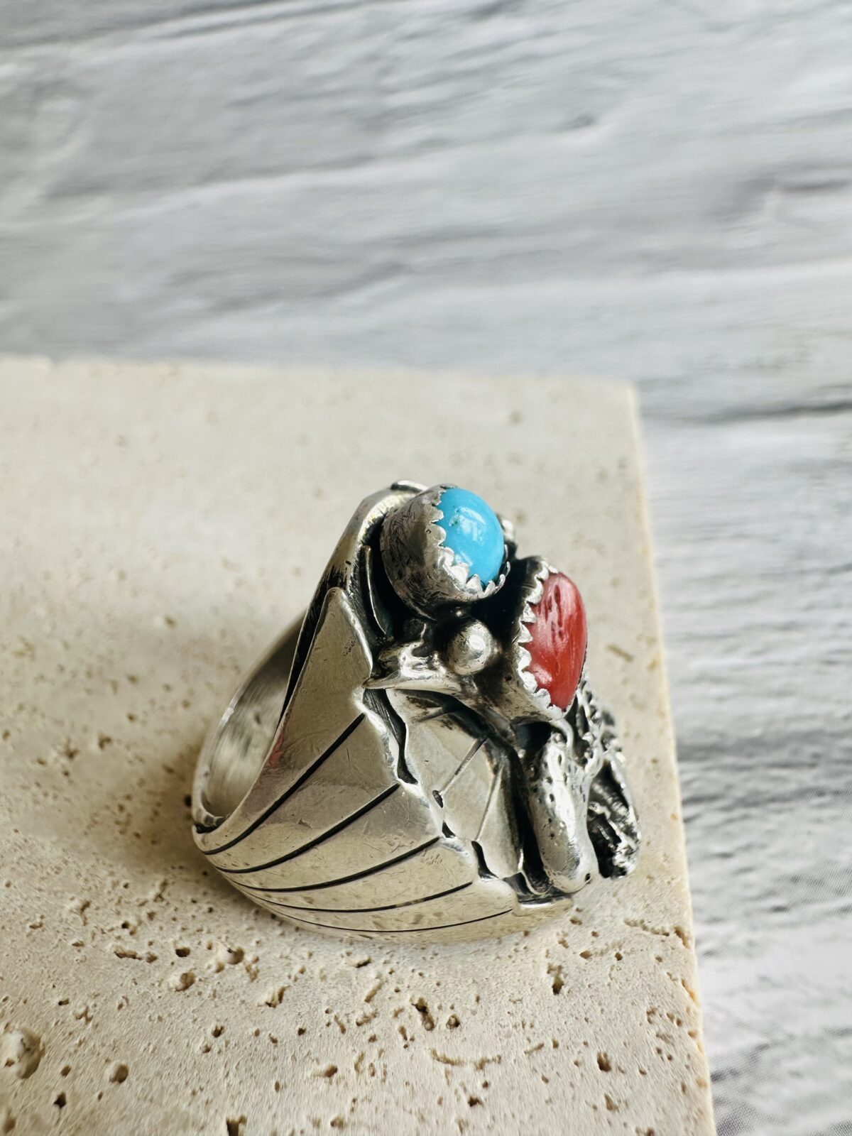 Vintage Turquoise & Coral Robert Becenti signed Navajo Ring, (US SIZE 8.5/ 58 EU) - Image 3