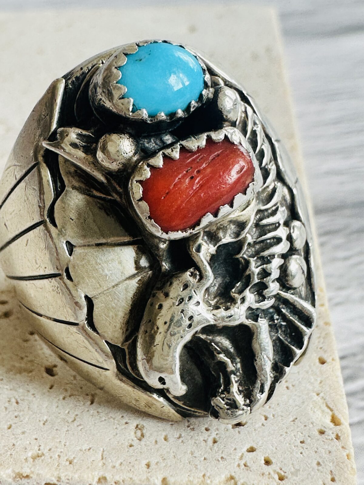 Vintage Turquoise & Coral Robert Becenti signed Navajo Ring, (US SIZE 8.5/ 58 EU) - Image 2
