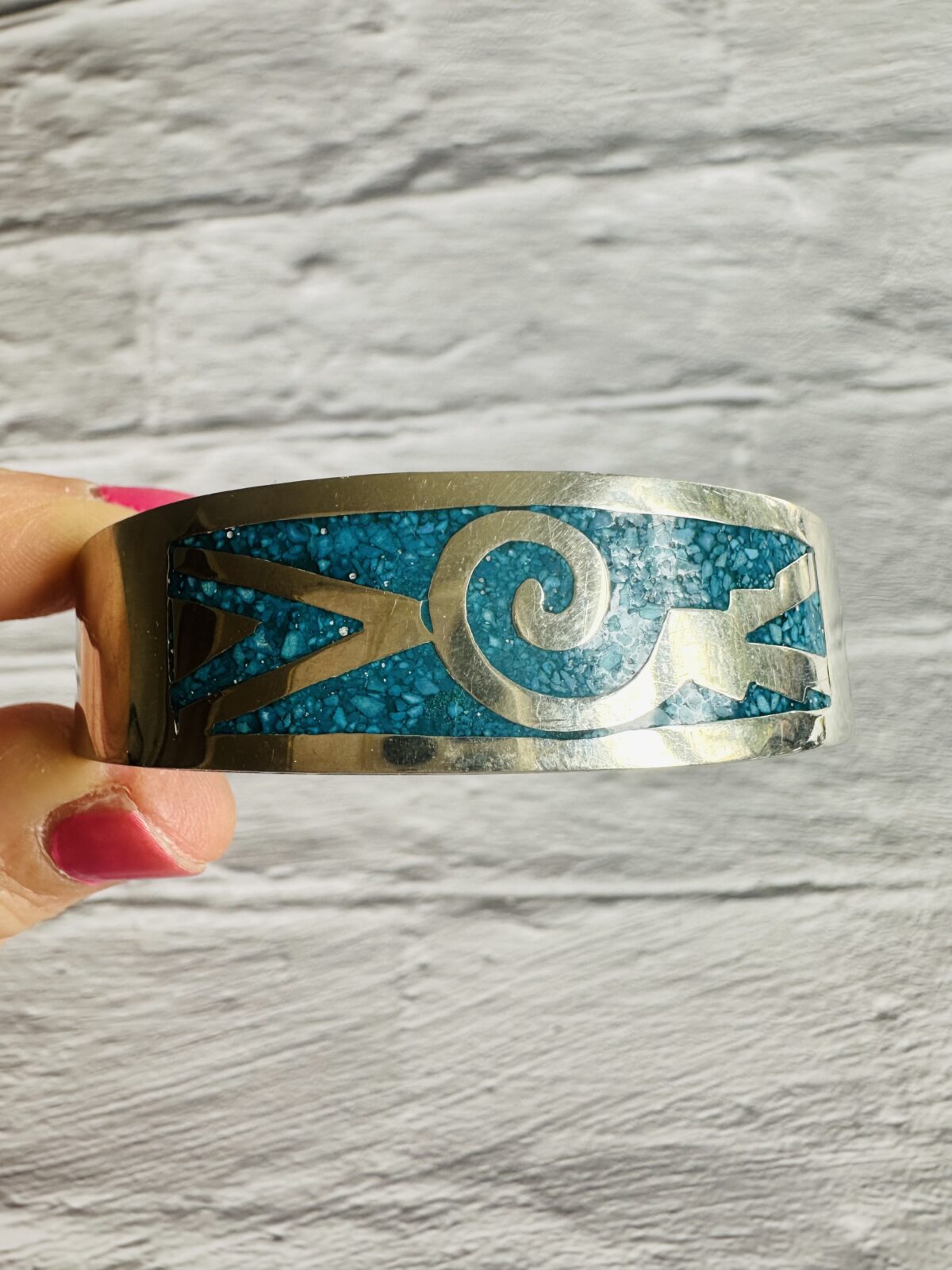 Vintage Taxco Mexico Alpaca Silver Bracelet Cuff With Genuine Turquoise Tiles