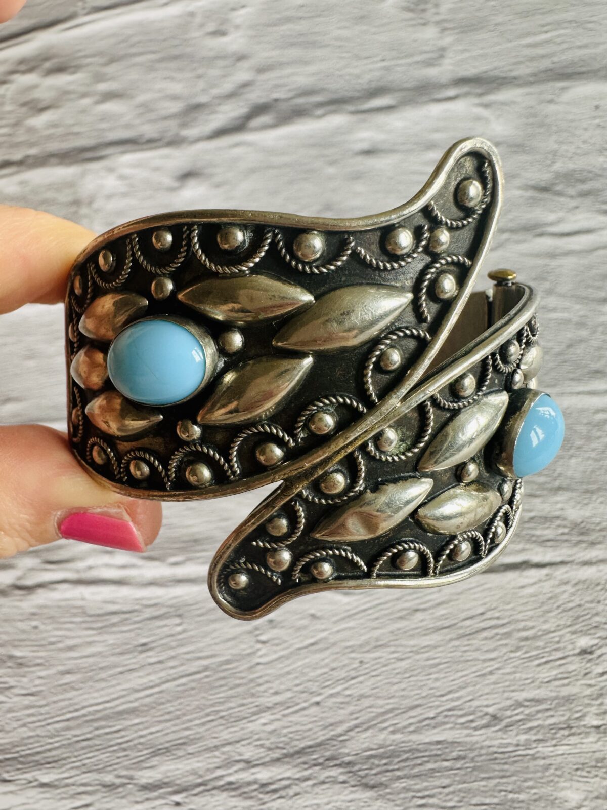 Vintage Etruscan Bangle Bracelet With Blue Cabochons