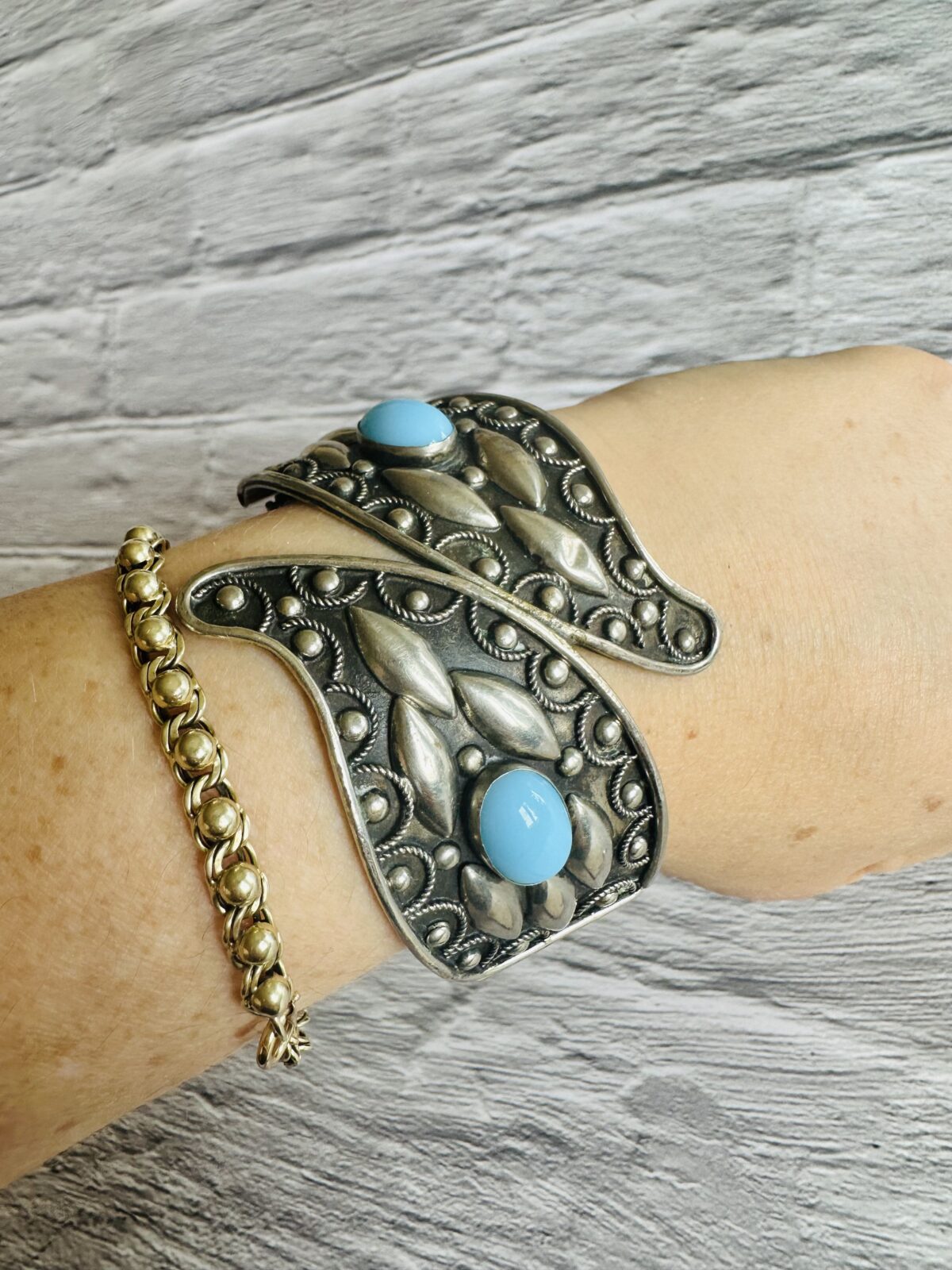 Vintage Etruscan Bangle Bracelet With Blue Cabochons - Image 2