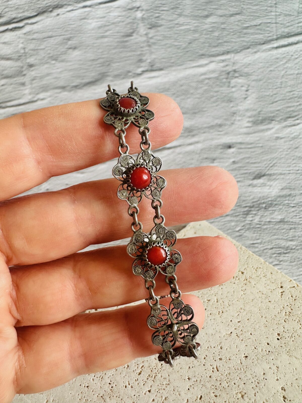 Midcentury European Filigree Women's Bracelet 800 Silver With Natural Corals - Image 2