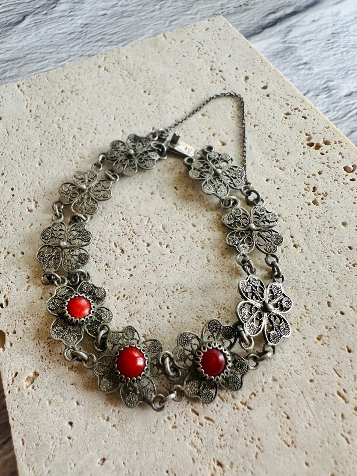 Midcentury European Filigree Women's Bracelet 800 Silver With Natural Corals