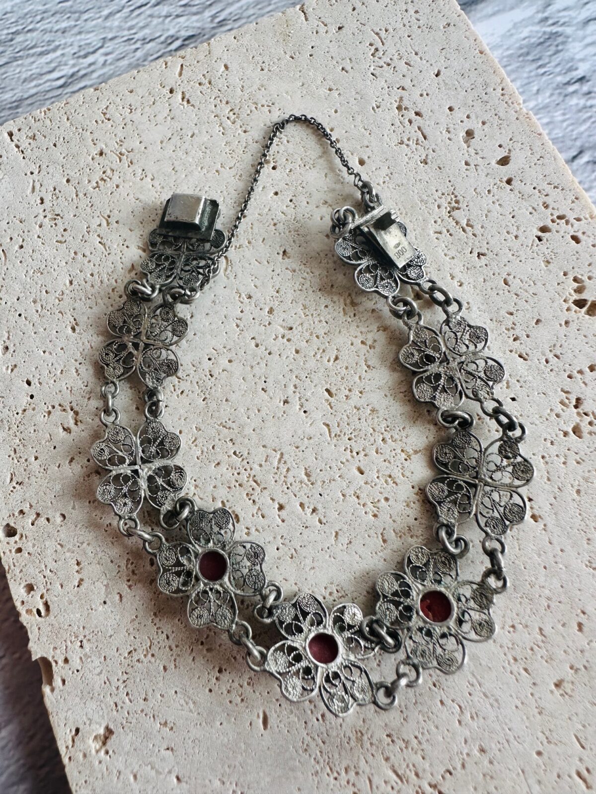 Midcentury European Filigree Women's Bracelet 800 Silver With Natural Corals - Image 3