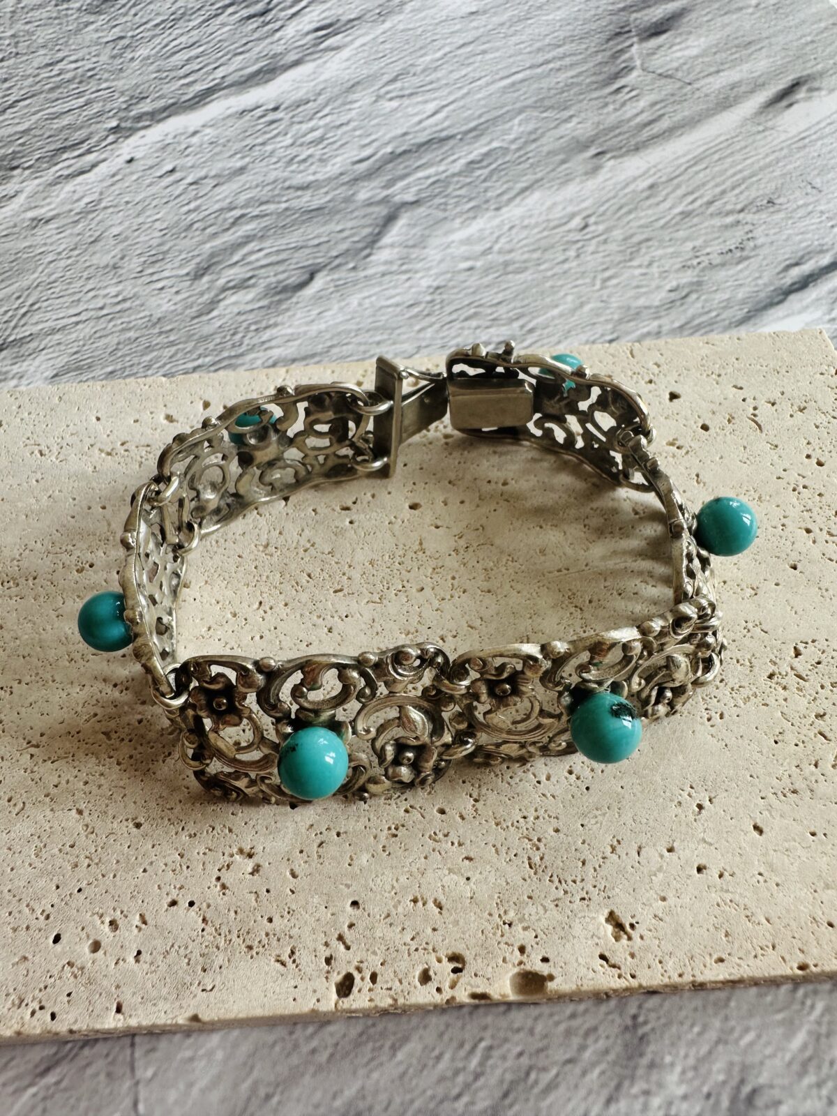 Rare Antique Art Nouveau 835 Silver Bracelet With Authentic Persian Turquoise