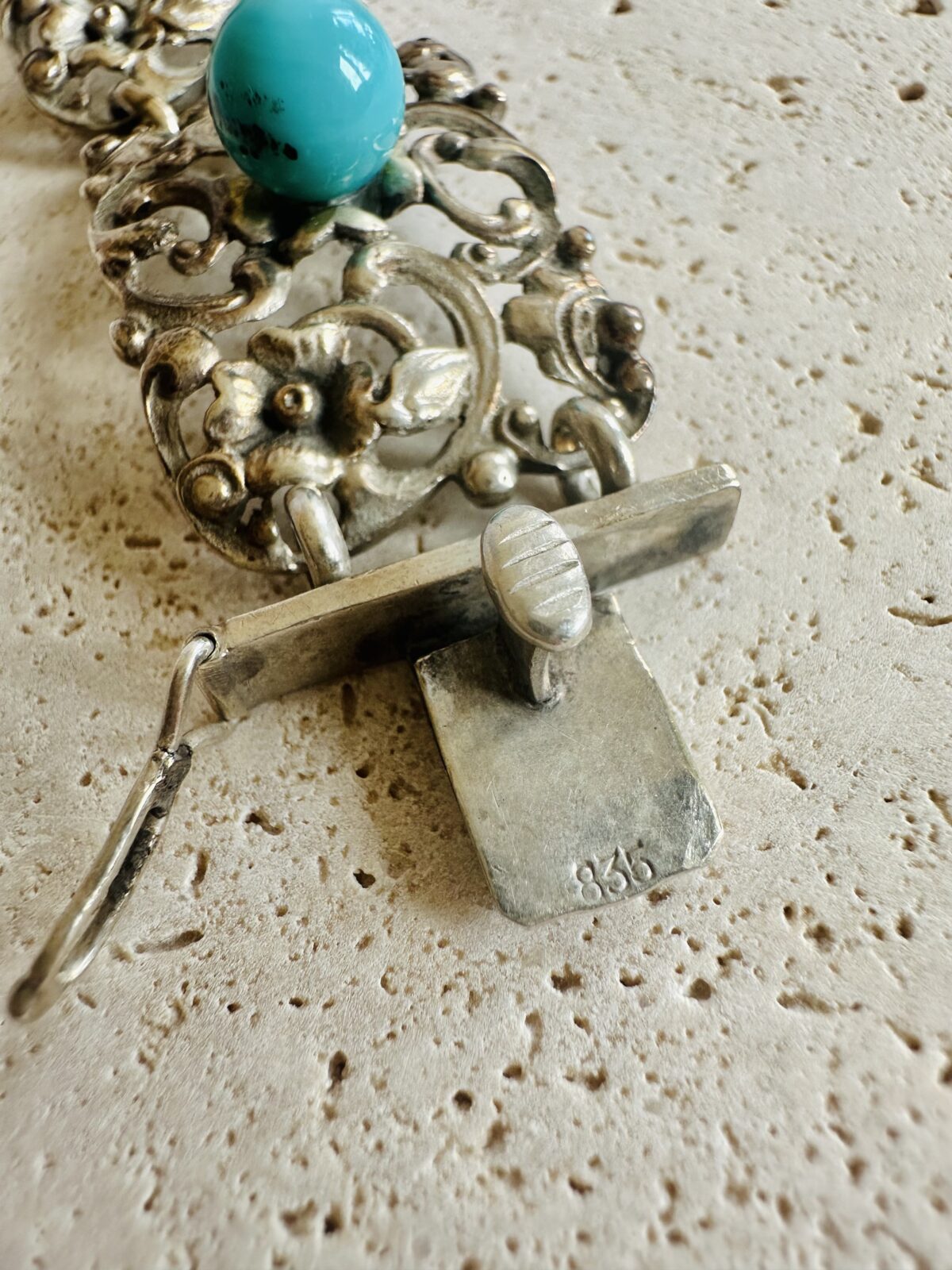 Rare Antique Art Nouveau 835 Silver Bracelet With Authentic Persian Turquoise - Image 6