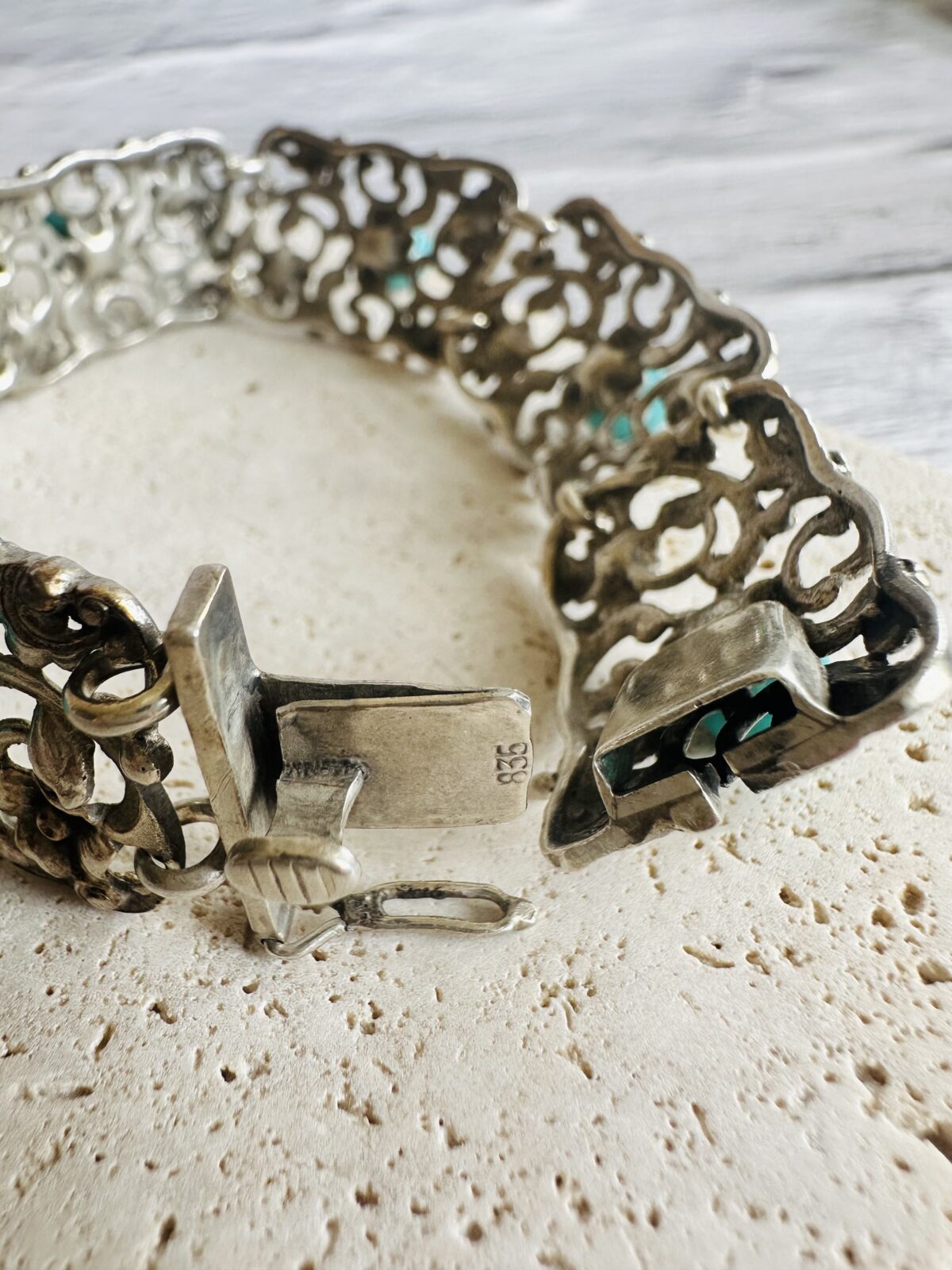 Rare Antique Art Nouveau 835 Silver Bracelet With Authentic Persian Turquoise - Image 5