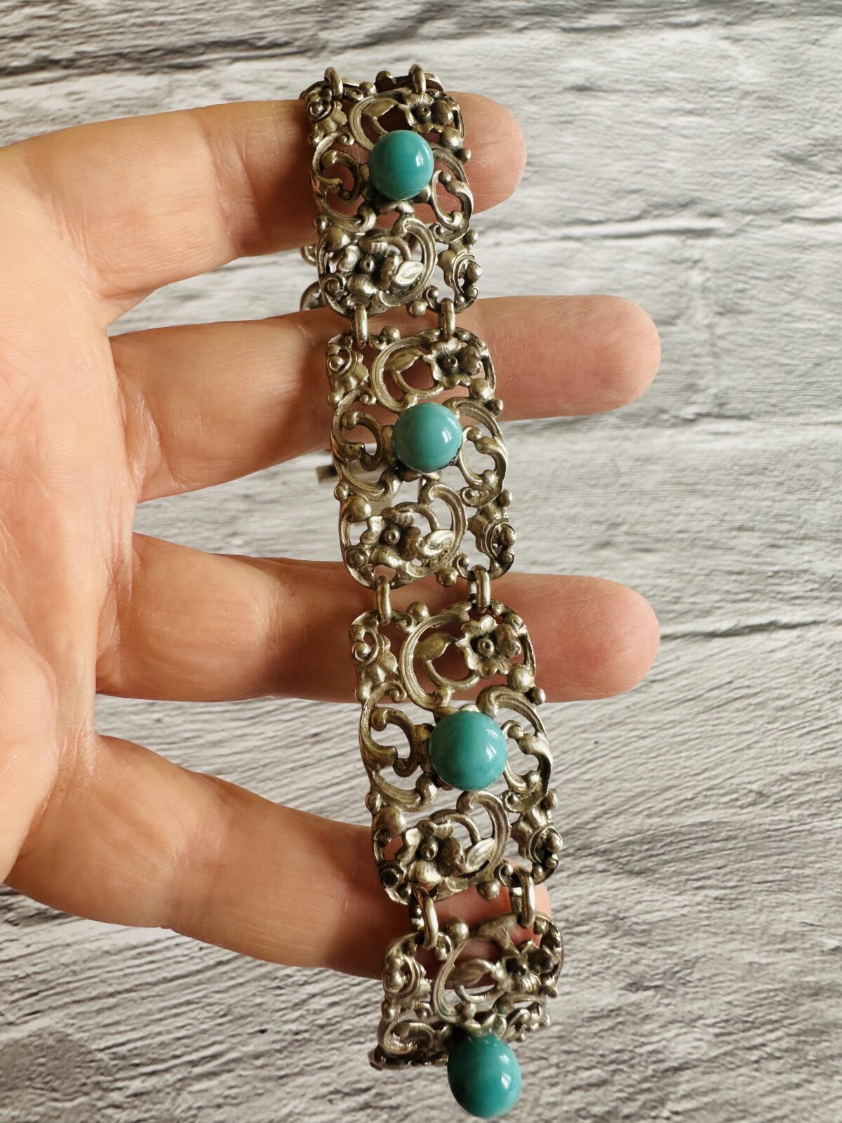 Rare Antique Art Nouveau 835 Silver Bracelet With Authentic Persian Turquoise - Image 2