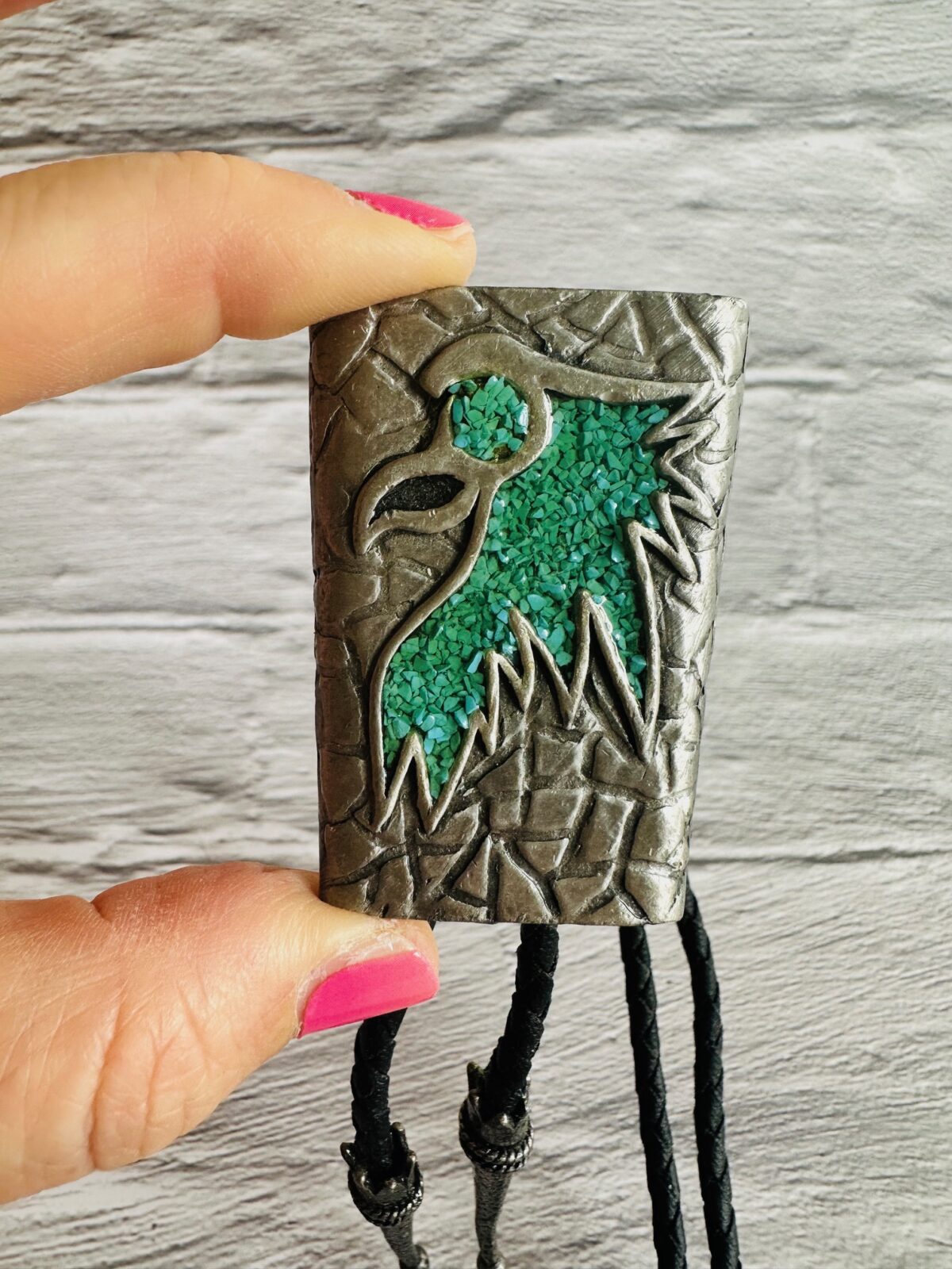 Rare Vintage Southwest Native Turquoise Chip Inlay Eagle Bolo Tie