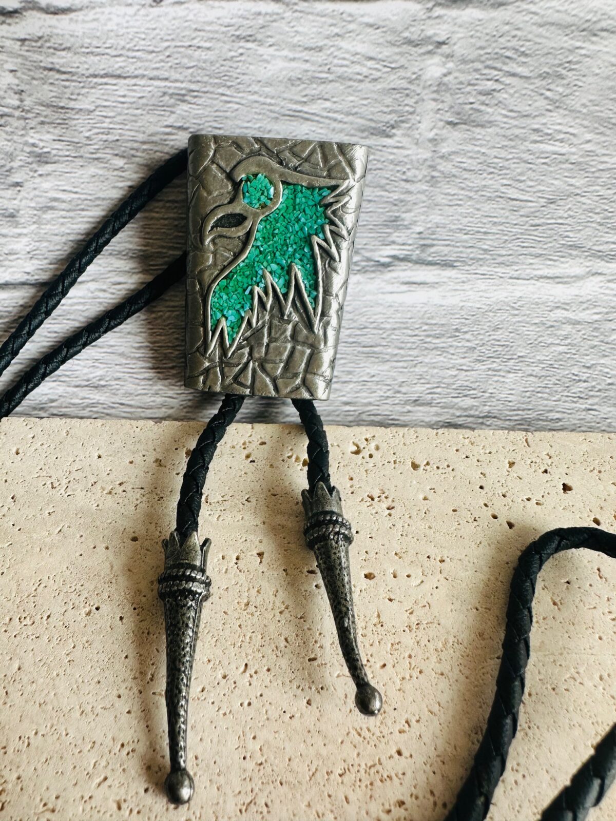 Rare Vintage Southwest Native Turquoise Chip Inlay Eagle Bolo Tie - Image 3