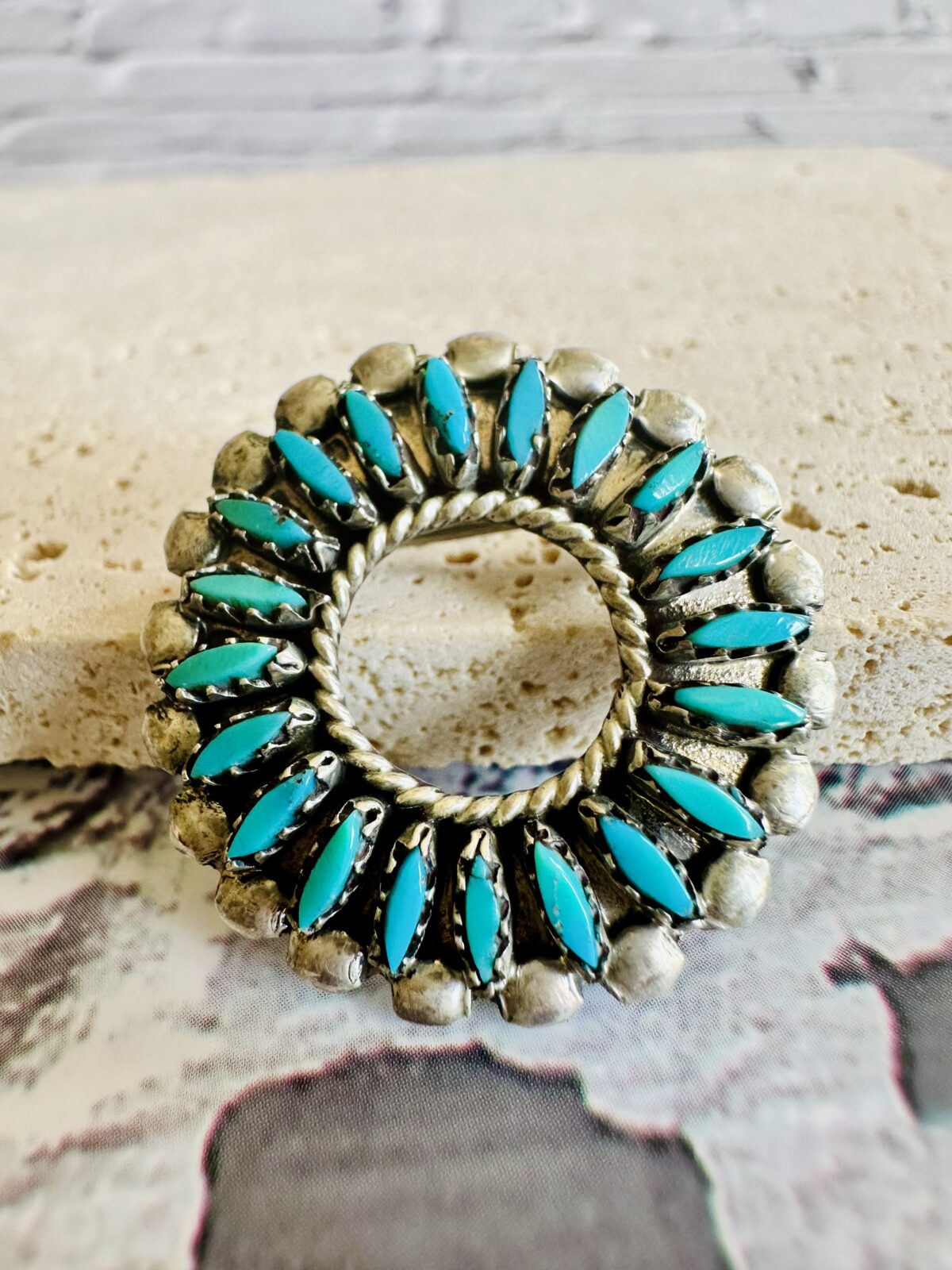 Old Pawn Zuni Petit Point Turquoise Brooch/ Pendant, Signed - Image 2