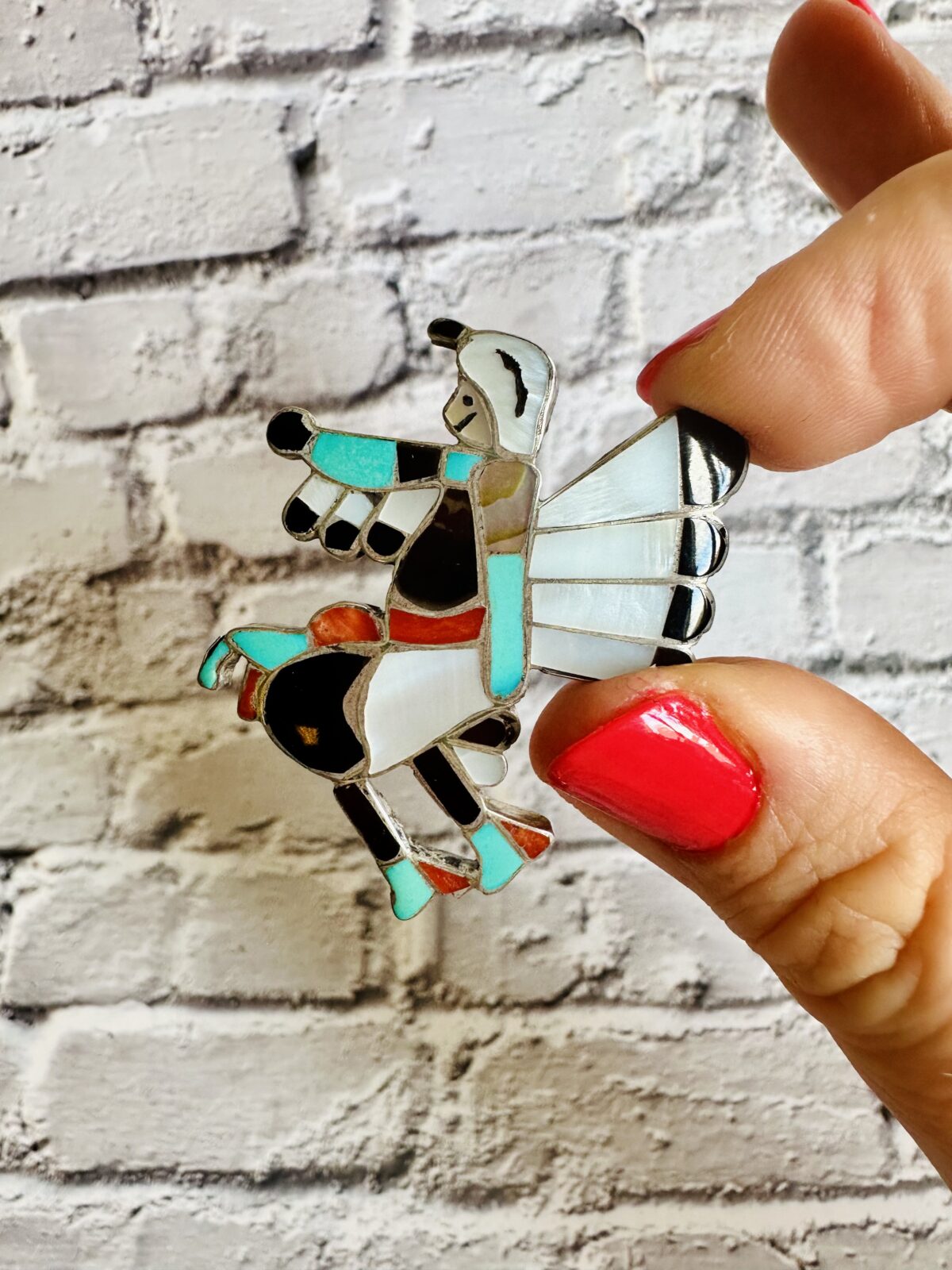 Vintage Old Pawn Zuni Brooch Of An Eagle Dancer, Signed