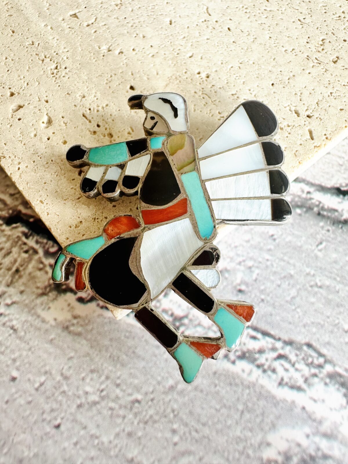 Vintage Old Pawn Zuni Brooch Of An Eagle Dancer, Signed - Image 3