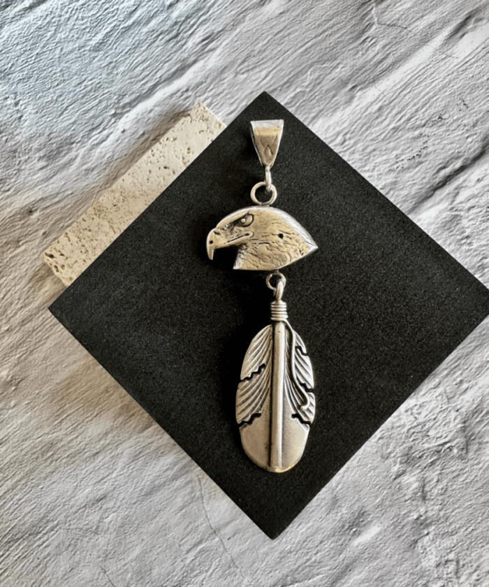 Signed Navajo Sterling Silver Eagle & Feather Pendant